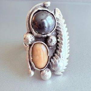 Native American Navajo Hematite And Elk Ivory Southwestern Sterling Silver Ring